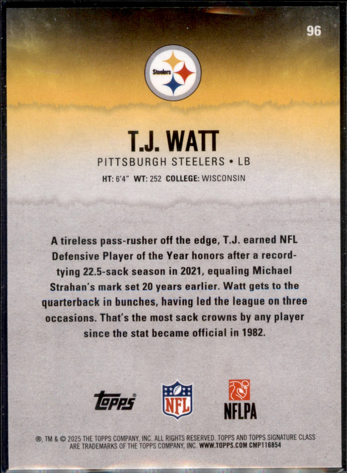 2025 Topps Signature Class #96 T.J. Watt Blue & Yellow