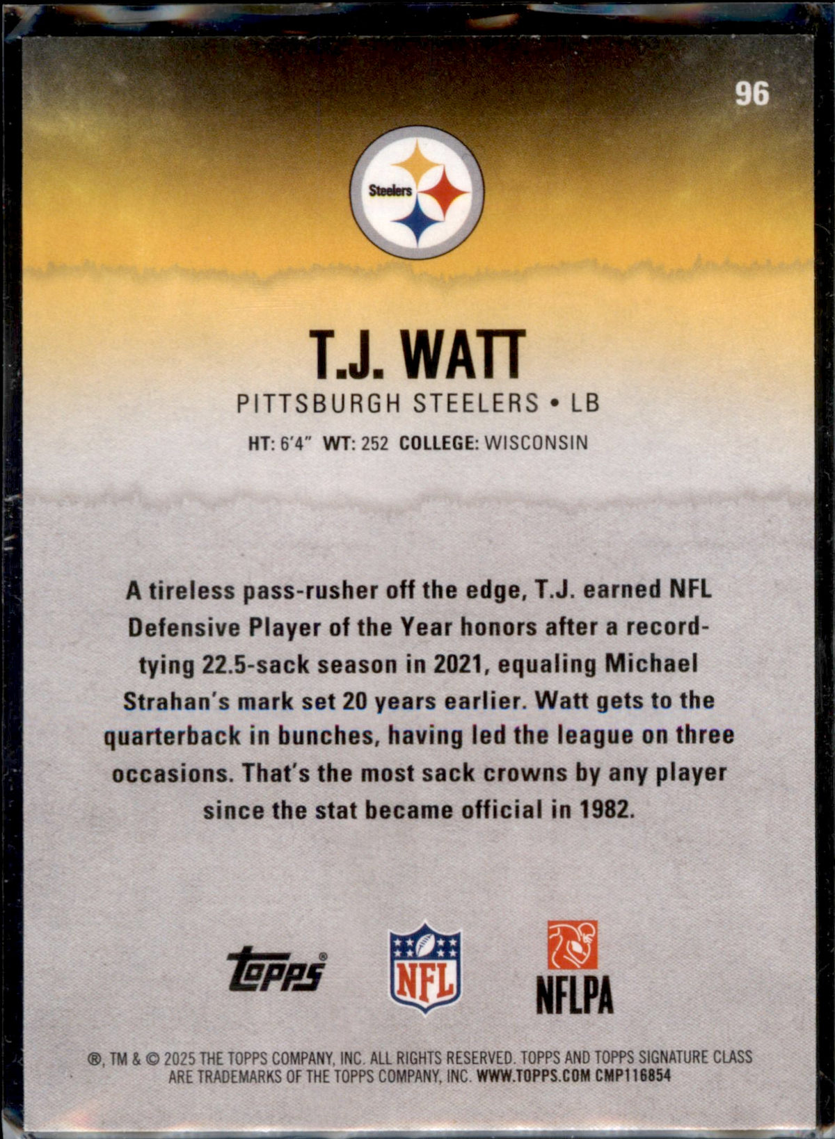 2025 Topps Signature Class #96 T.J. Watt Blue & Yellow