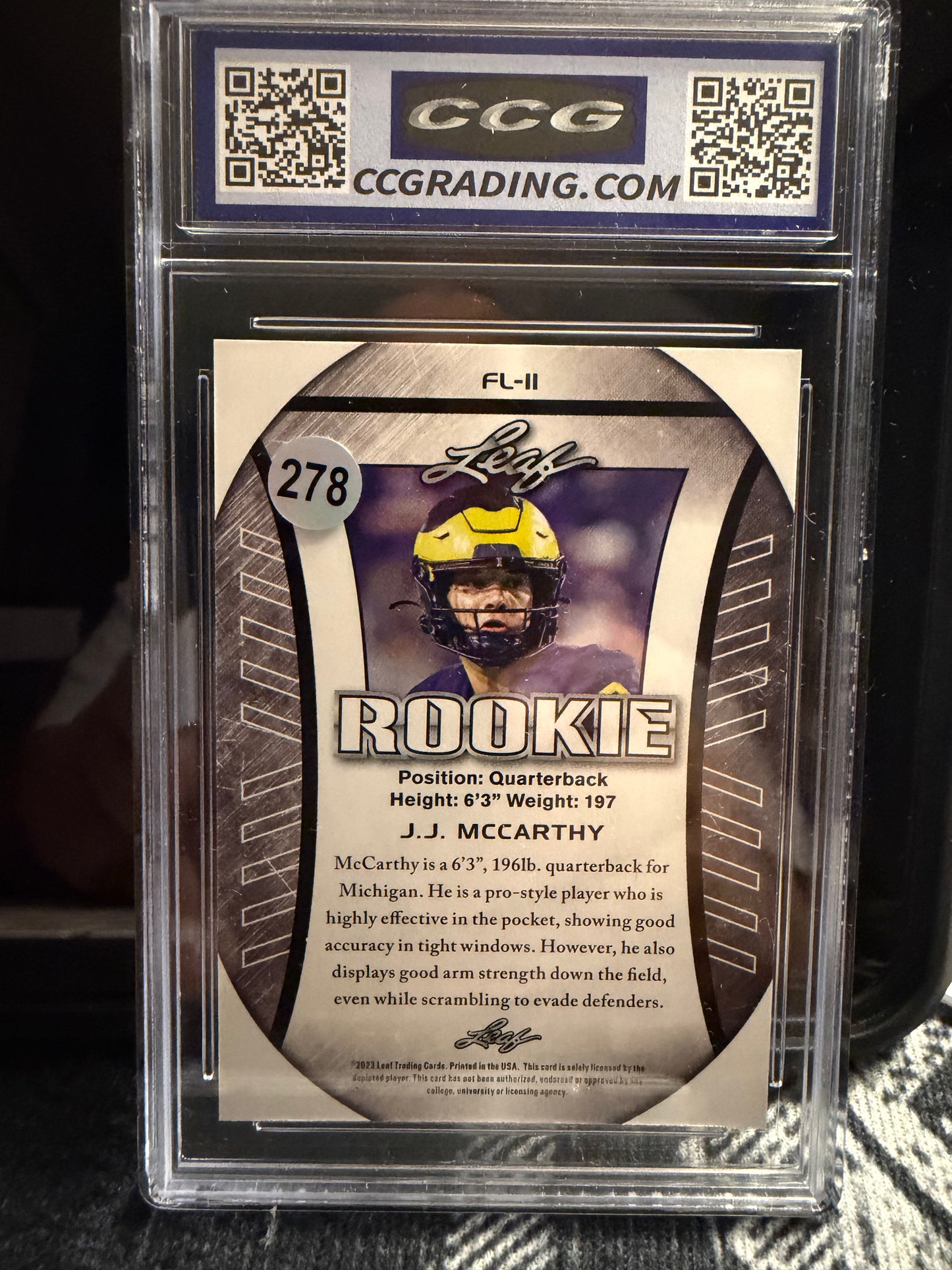 J.J. McCarthy 2023 Leaf Rookie #FL11 – Exclusive Flag Edition – GEM MINT 10 (CCG)
