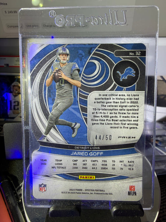 2023 Spectra Jared Goff • Numbered 44/50 • Prizm Parallel • Detroit Lions