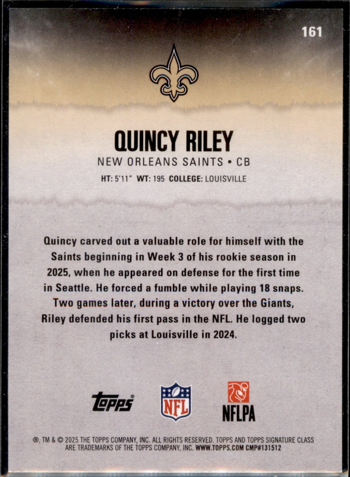 2025 Topps Signature Class #161 Quincy Riley Green & Purple
