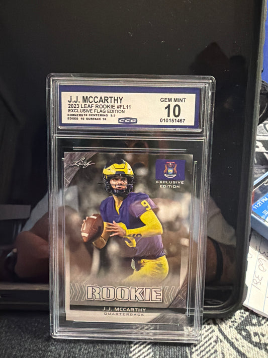 J.J. McCarthy 2023 Leaf Rookie #FL11 – Exclusive Flag Edition – GEM MINT 10 (CCG)