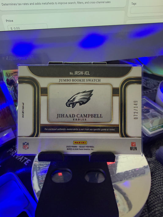 Jihad Campbell 2025 Panini Select Jumbo Rookie Swatch RC /149 Eagles Patch